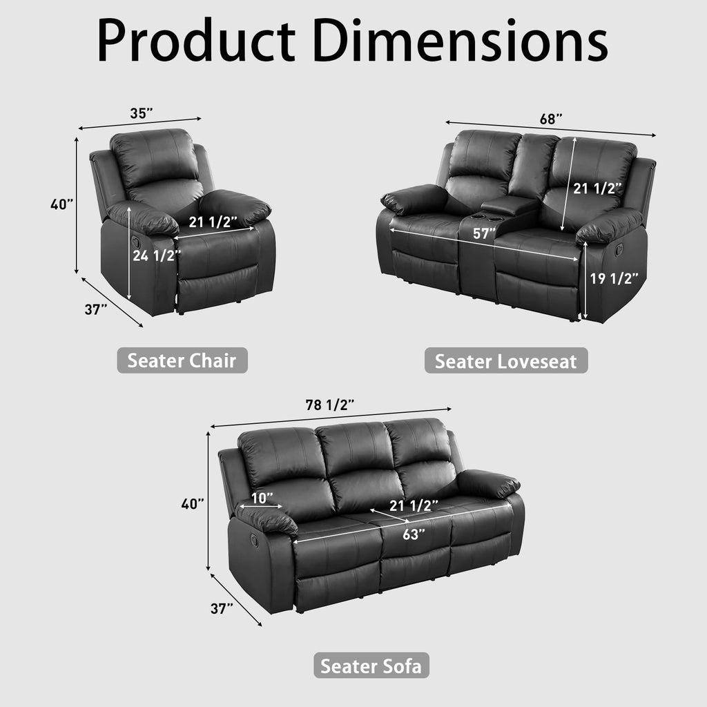 Black 3 Piece Leather Recliner Sofa Set with Cup Holders Z524