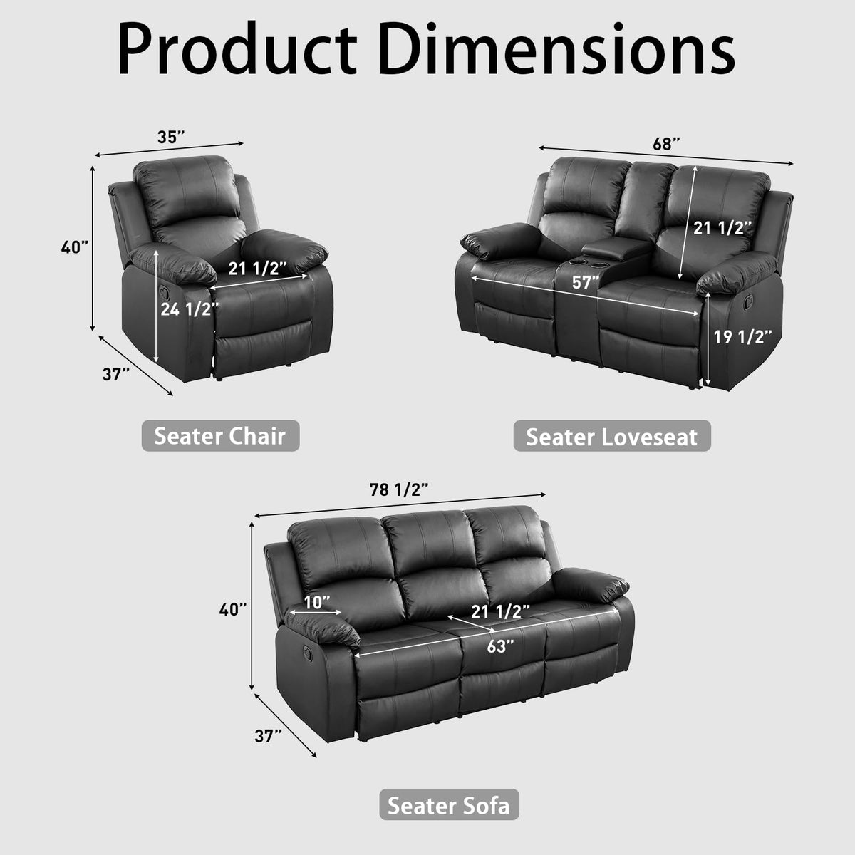 Black 3 Piece Leather Recliner Sofa Set with Cup Holders Z524