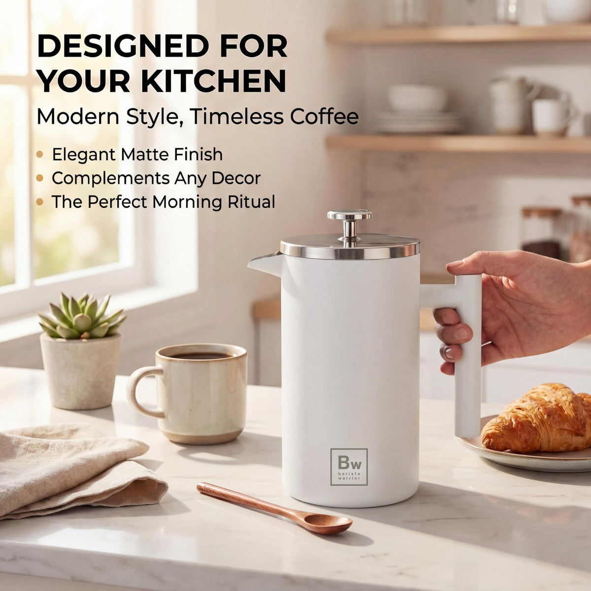 White Double-Wall Stainless Steel Insulated French Press with Thermometer U17026