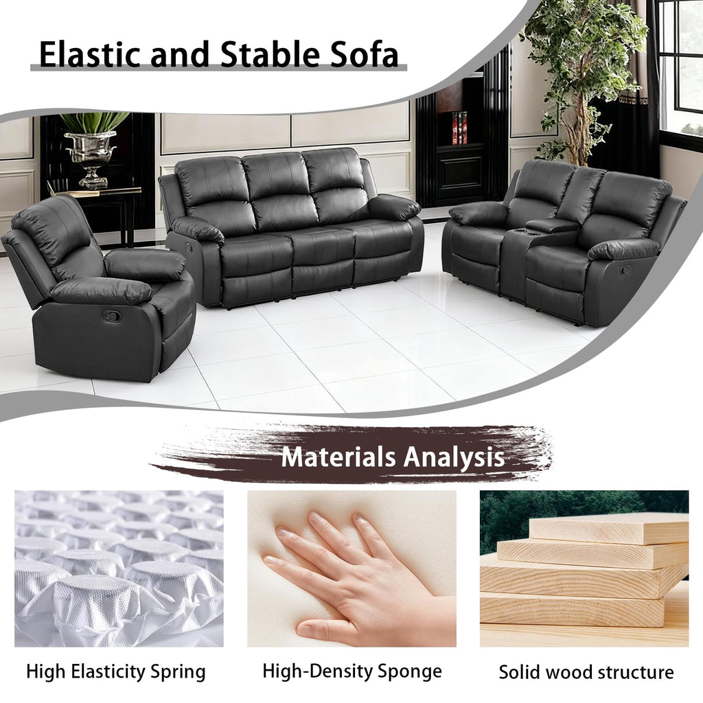 Black 3 Piece Leather Recliner Sofa Set with Cup Holders Z524