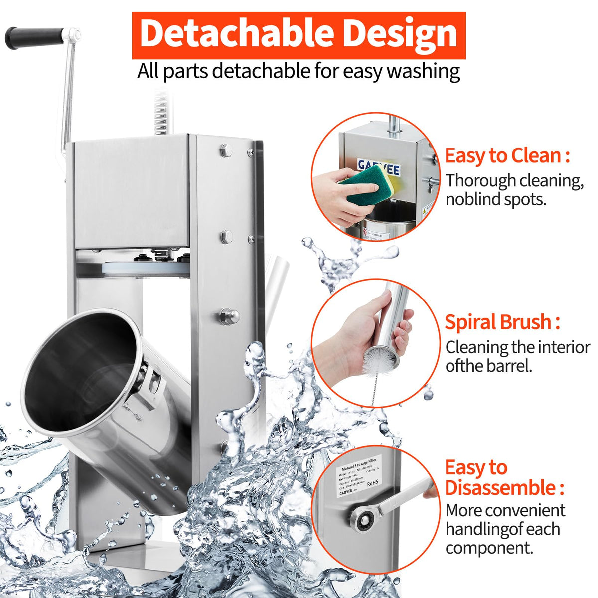 7LBS/3L 304 Stainless Steel Manual Sausage Stuffer with 5 Filling Tubes Y494077