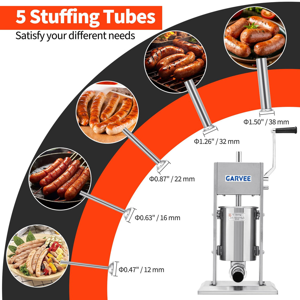 7LBS/3L 304 Stainless Steel Manual Sausage Stuffer with 5 Filling Tubes Y494077
