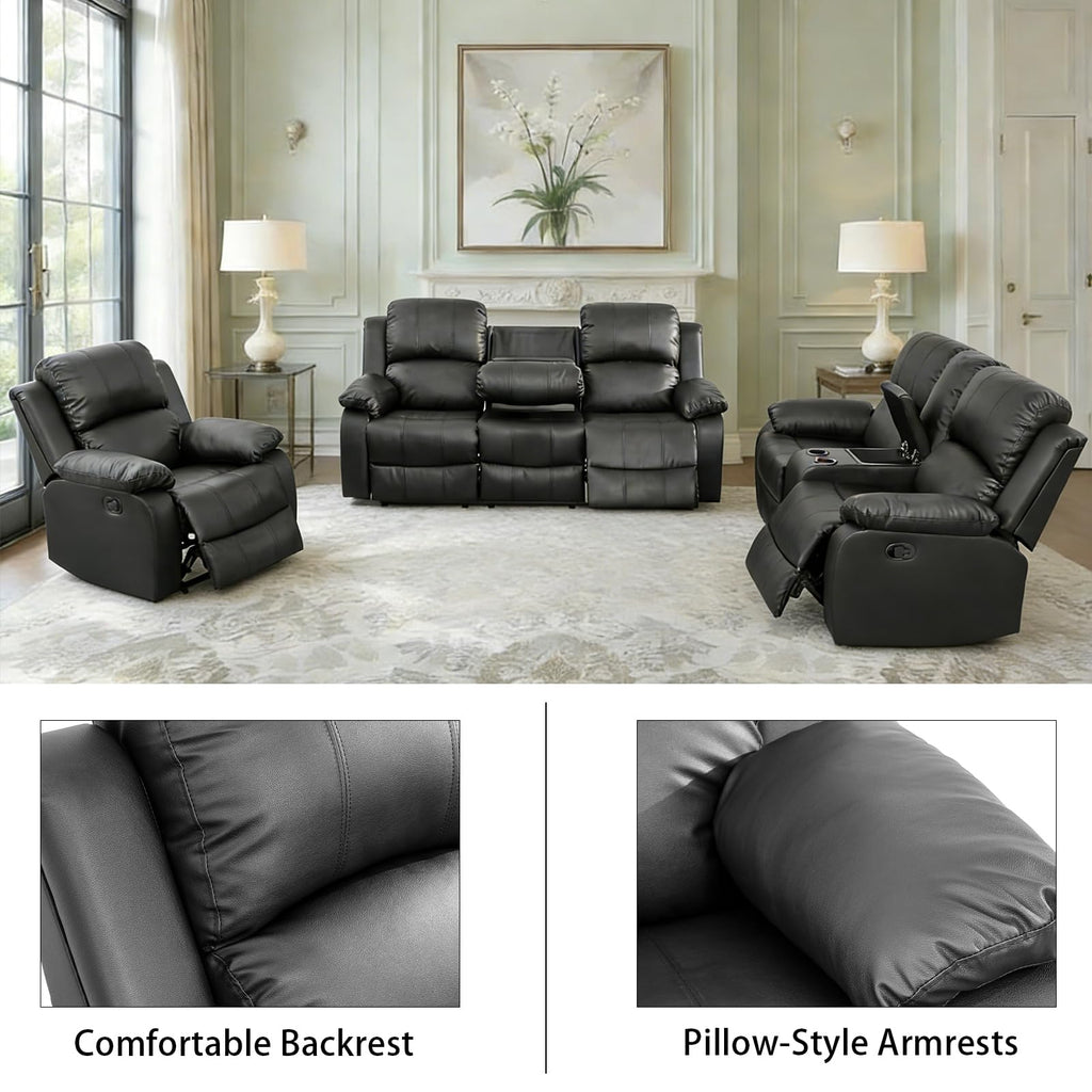 Black 3 Piece Leather Recliner Sofa Set with Cup Holders Z524