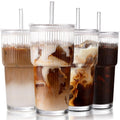 20oz Ribbed Iced Coffee Cups with Lids, 4 Pcs Glass Tumblers R58496