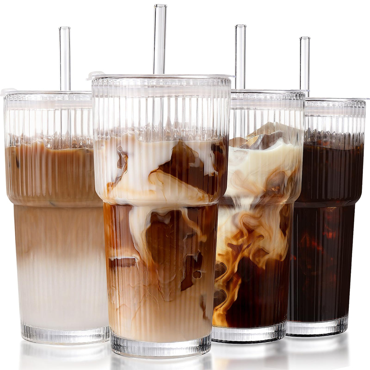 20oz Ribbed Iced Coffee Cups with Lids, 4 Pcs Glass Tumblers R58496