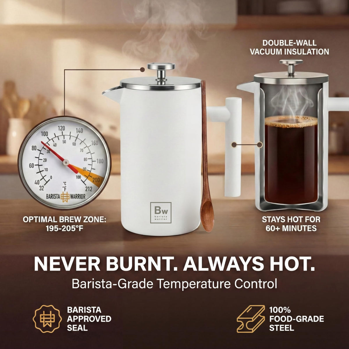 White Double-Wall Stainless Steel Insulated French Press with Thermometer U17026
