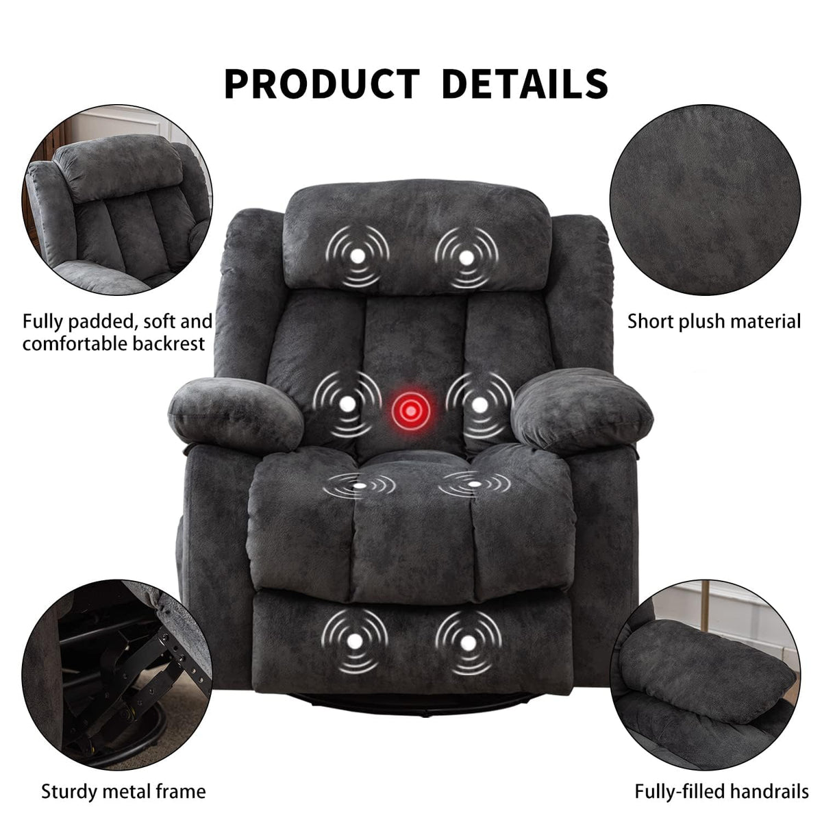 Grey Manual Swivel Rocker Recliner with Heat and Vibration Z330664