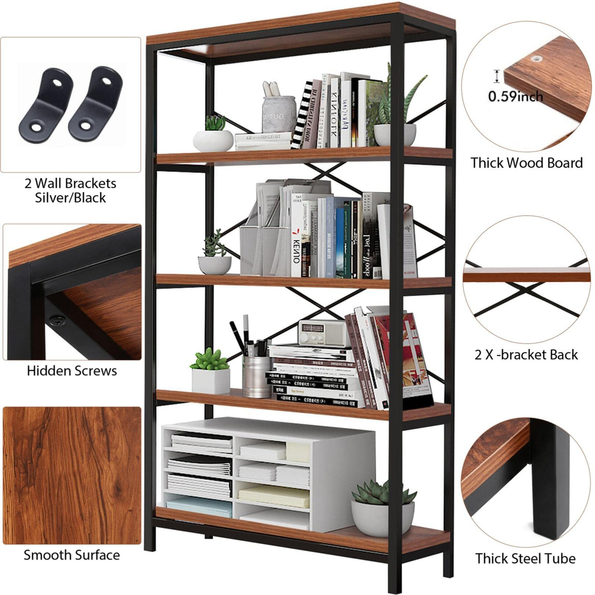 5 Tier Heavy Duty Freestanding Bookcase I756669