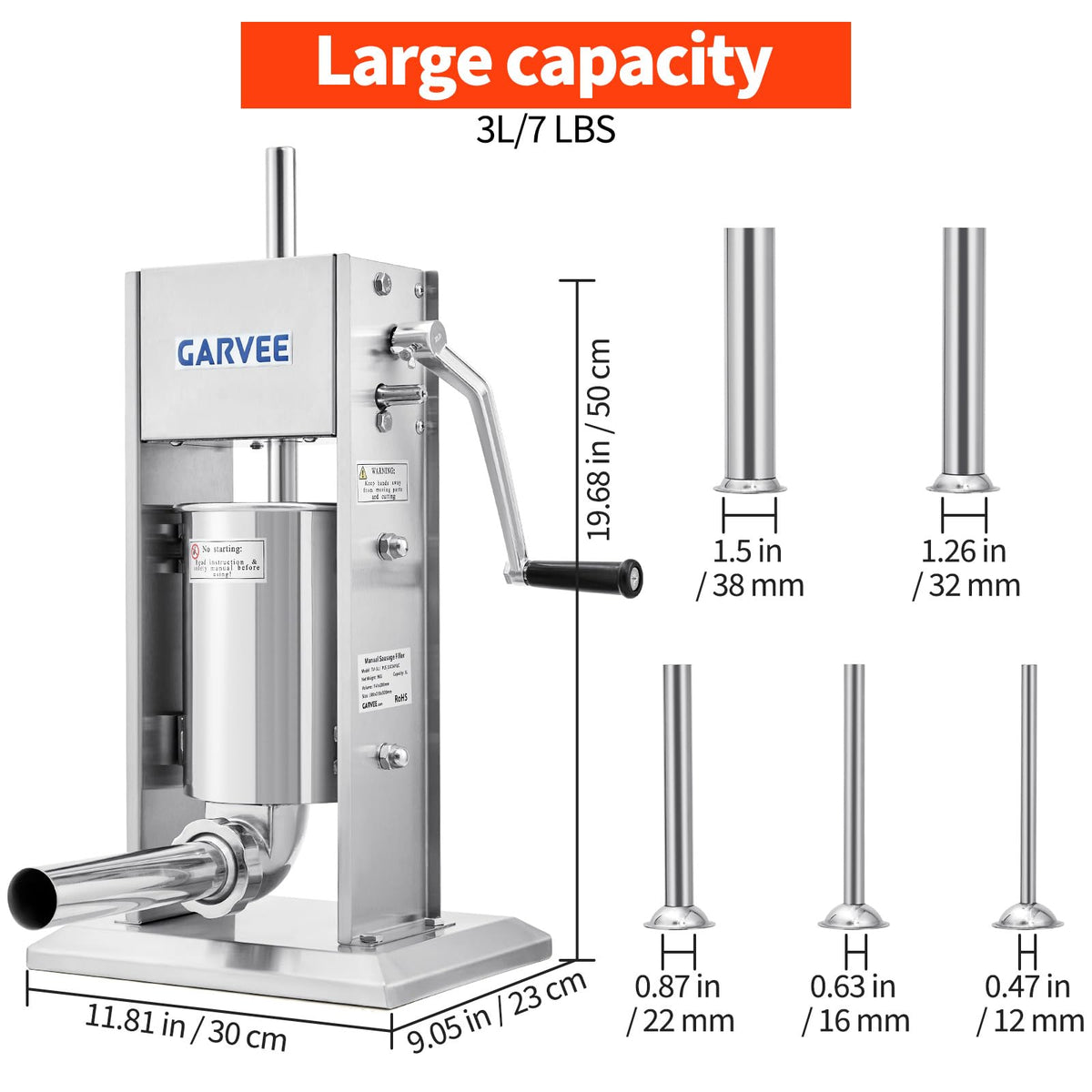 7LBS/3L 304 Stainless Steel Manual Sausage Stuffer with 5 Filling Tubes Y494077