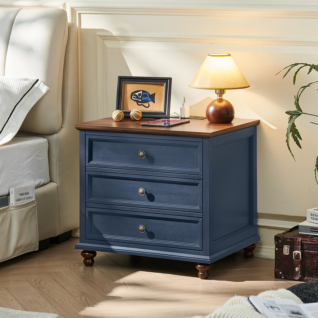 Blue Wood Nightstand Set of 2 with Charging Station W933