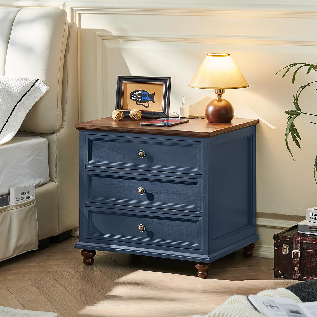 Blue Wood Nightstand Set of 2 with Charging Station W933