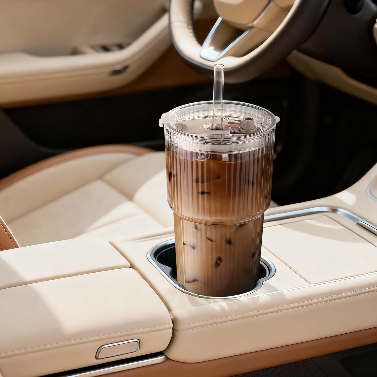 20oz Ribbed Iced Coffee Cups with Lids, 4 Pcs Glass Tumblers R58496