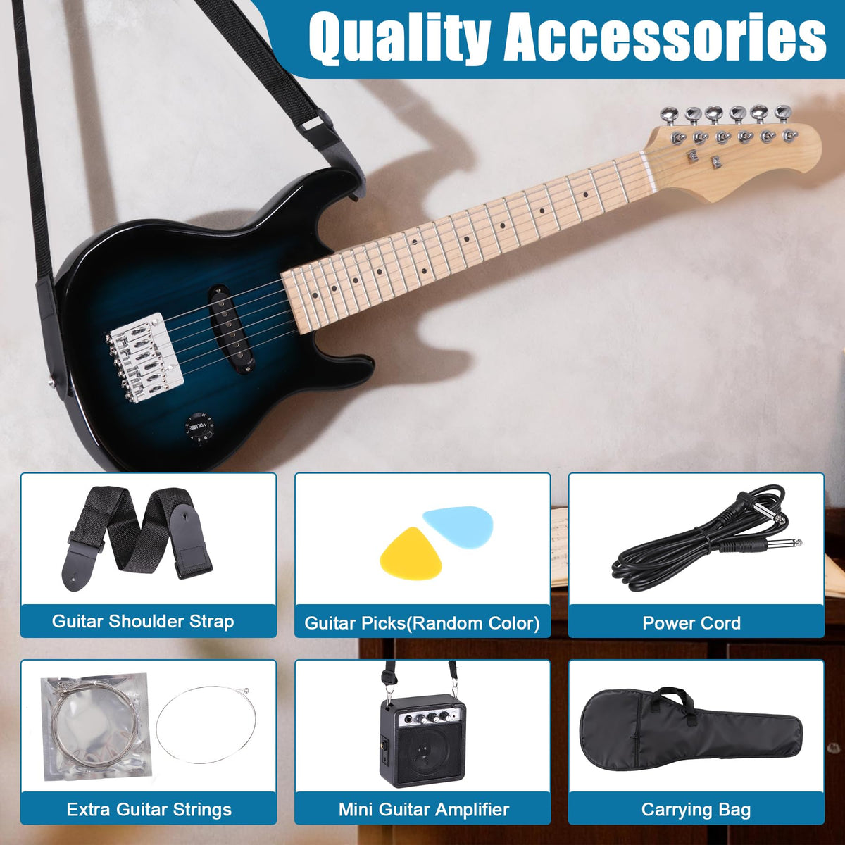 30" Blue Electric Guitar Beginner Kit with Amp and Bag H8946