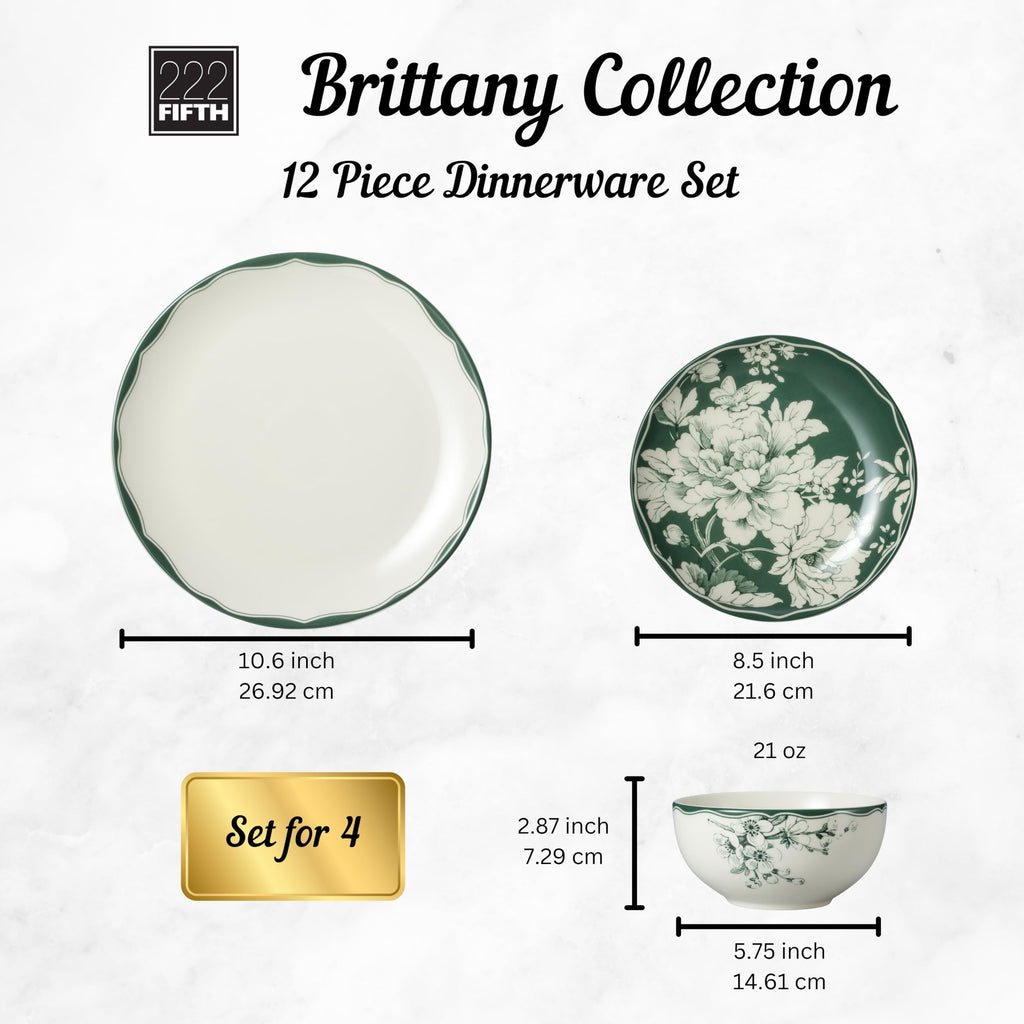 12-Piece Porcelain Dinnerware Set for 4, White & Sage Green Plates and Bowls Set C940015