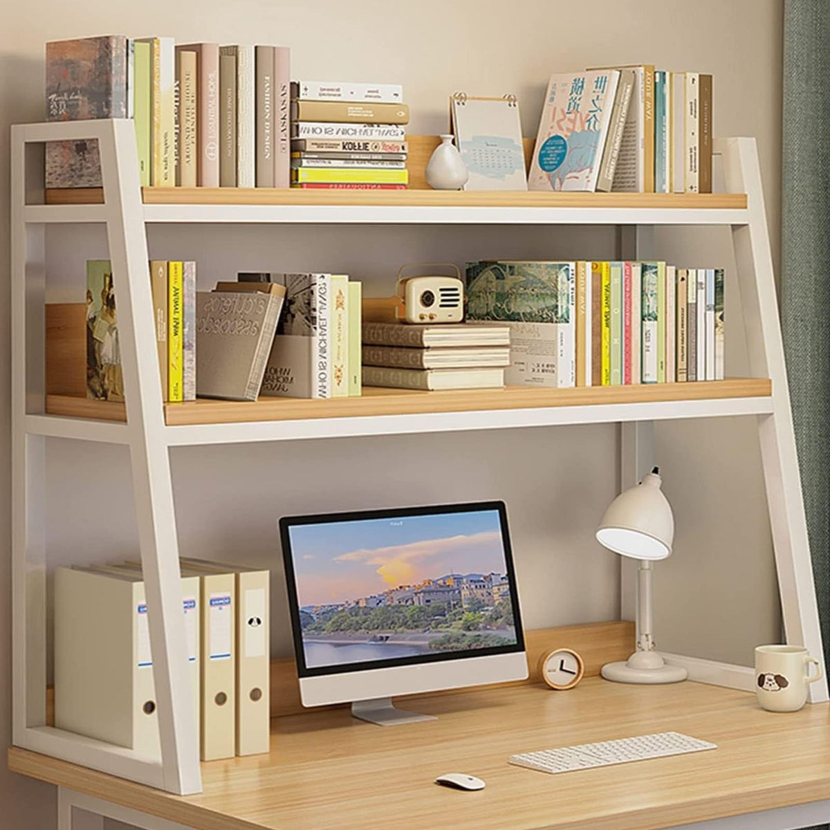 White 2-Tier Wood Desktop Bookshelf V8767