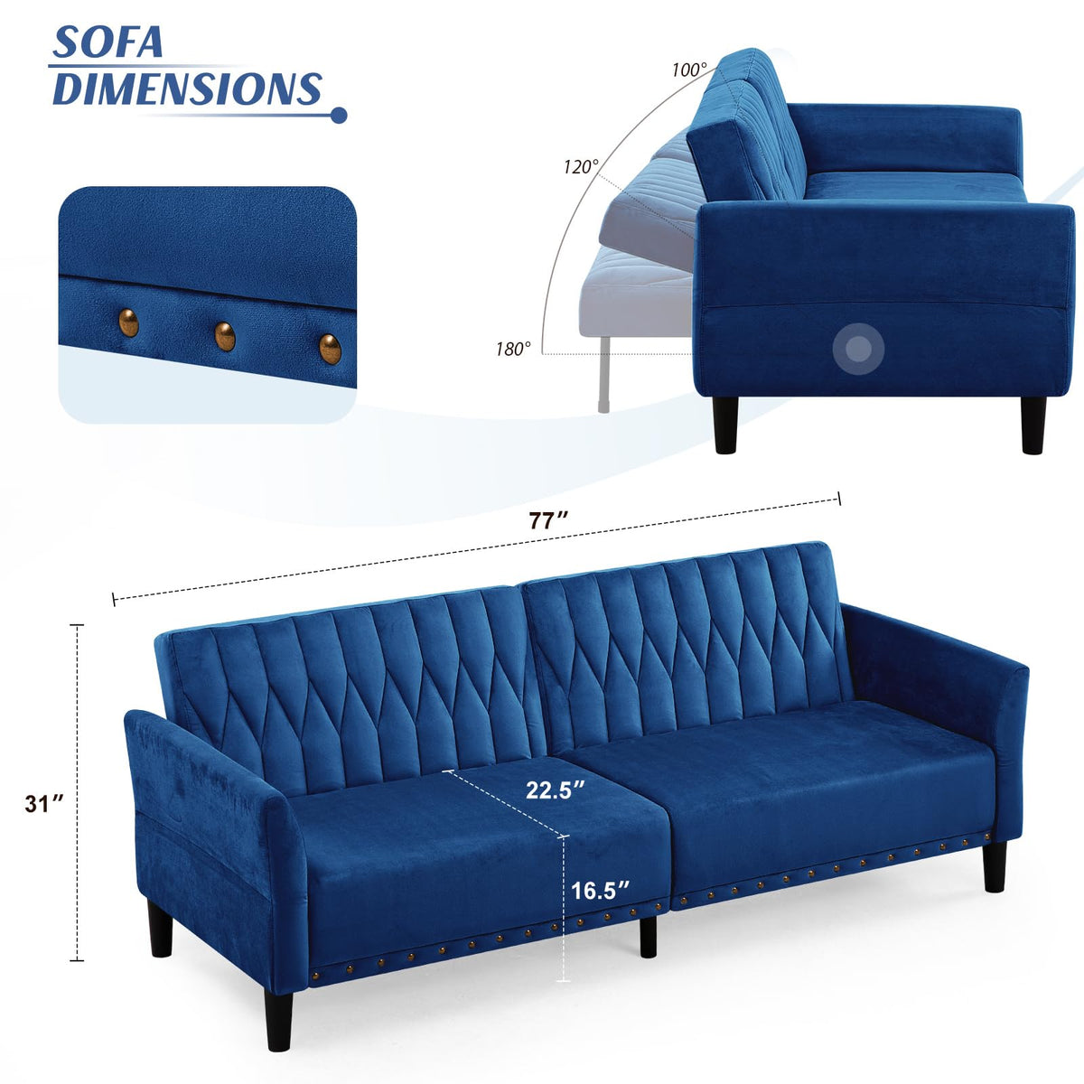 Blue Velvet Sofa Bed M3800