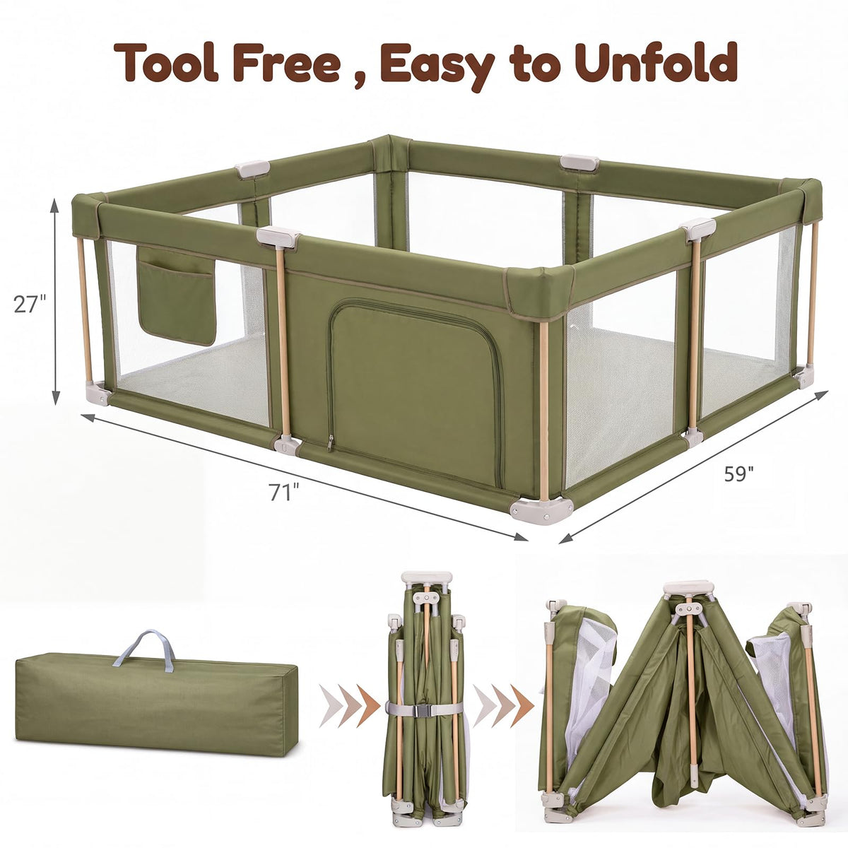 Foldable Baby Playpen with Mat, Breathable Mesh Green 71"×59" C405575