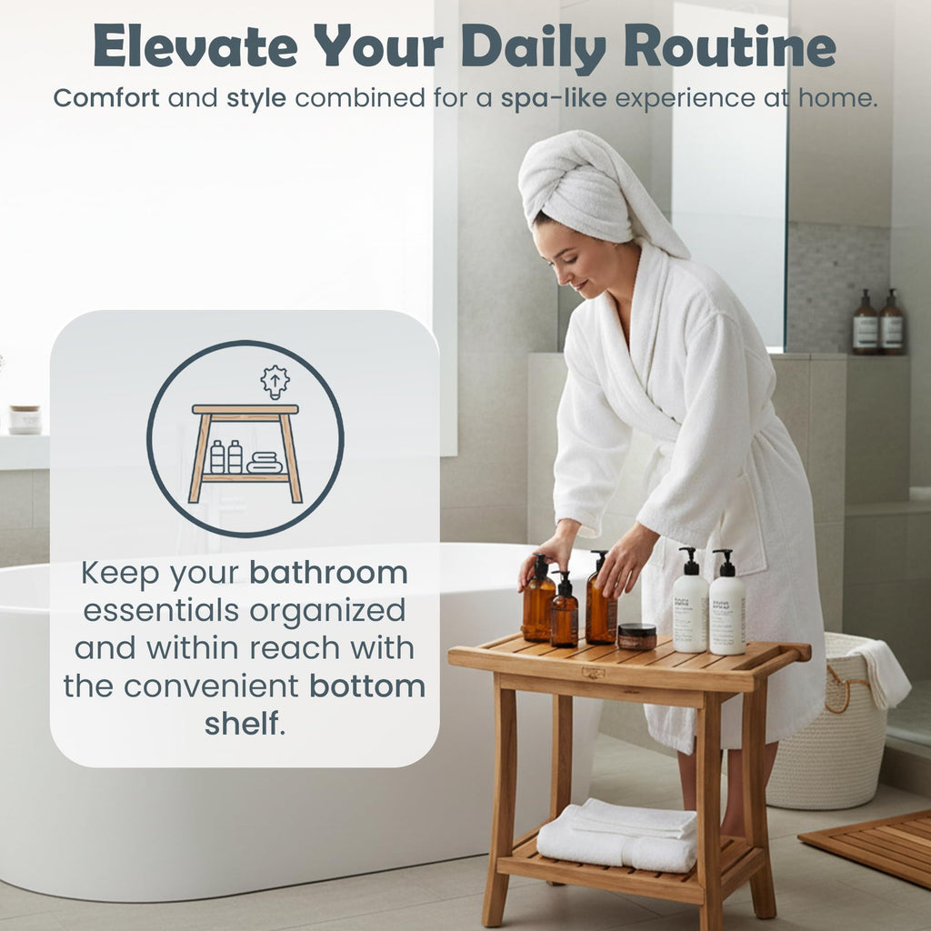 22-Inch Teak Shower Bench with Storage Shelf Y8375