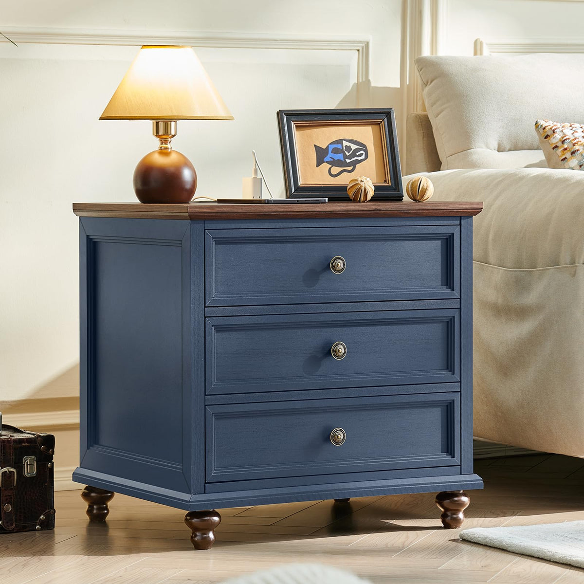 Blue Wood Nightstand Set of 2 with Charging Station W933