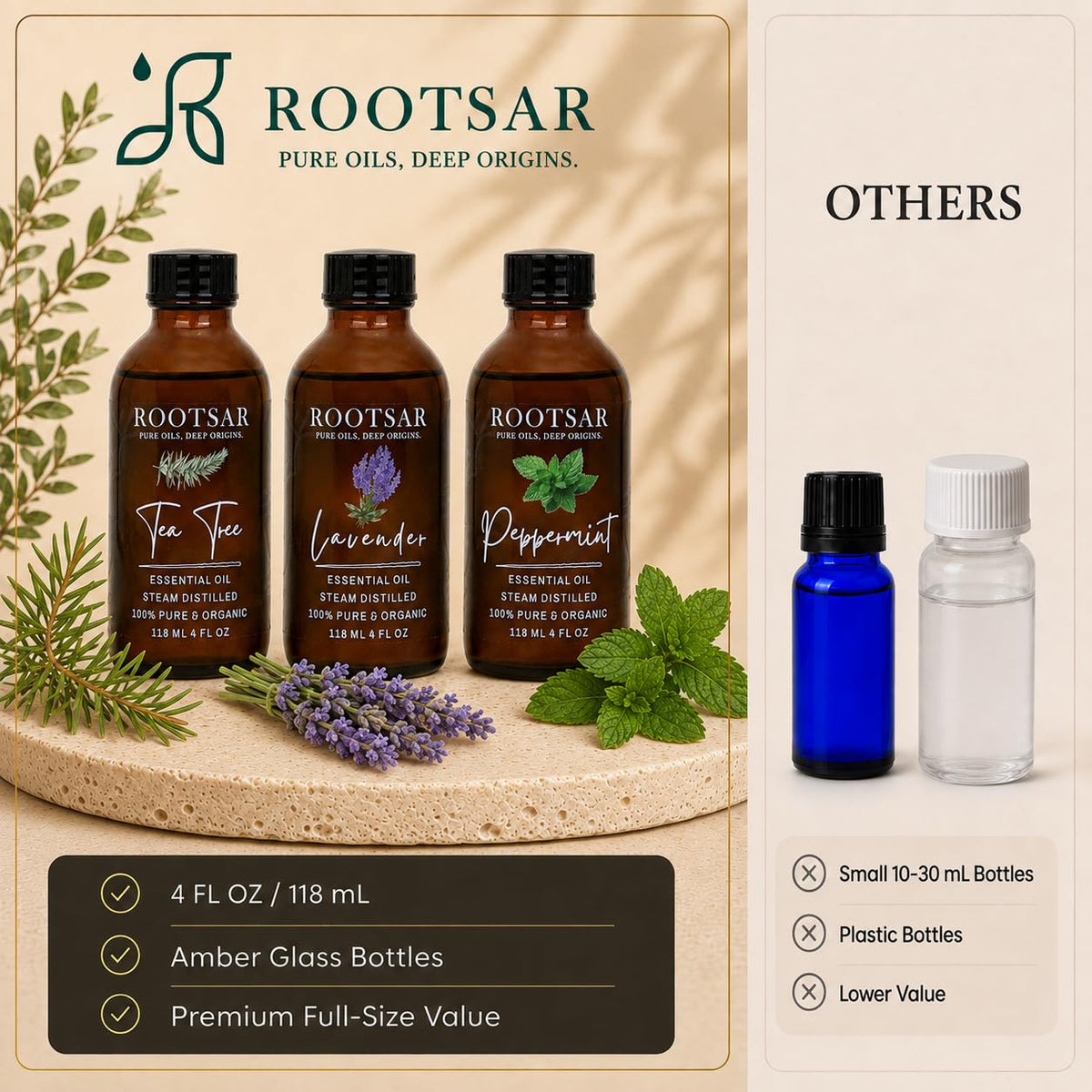 3 Pack Lavender Peppermint Tea Tree Essential Oils 4 Fl Oz W903