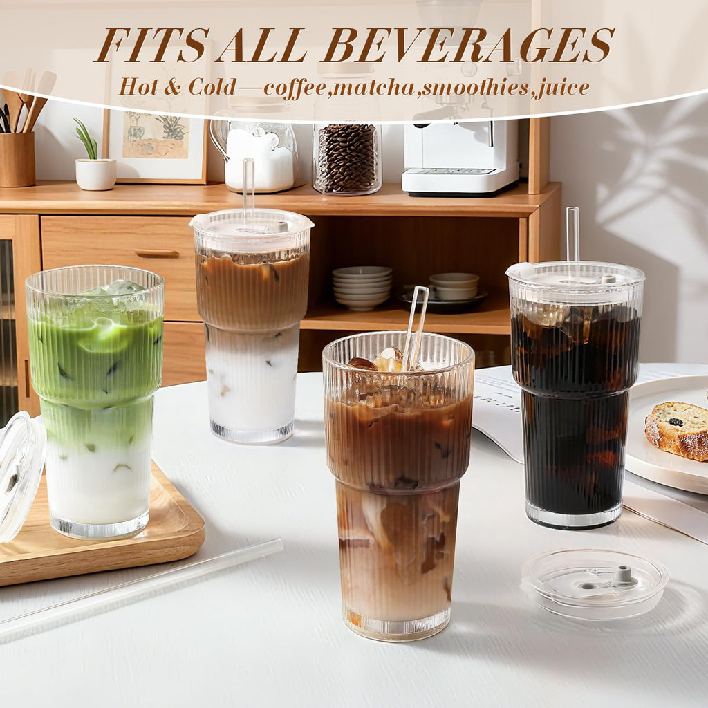 20oz Ribbed Iced Coffee Cups with Lids, 4 Pcs Glass Tumblers R58496