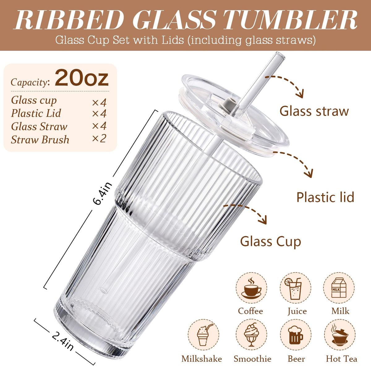 20oz Ribbed Iced Coffee Cups with Lids, 4 Pcs Glass Tumblers R58496