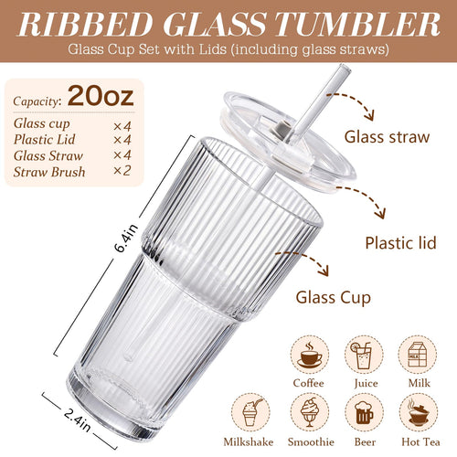 20oz Ribbed Iced Coffee Cups with Lids, 4 Pcs Glass Tumblers R58496