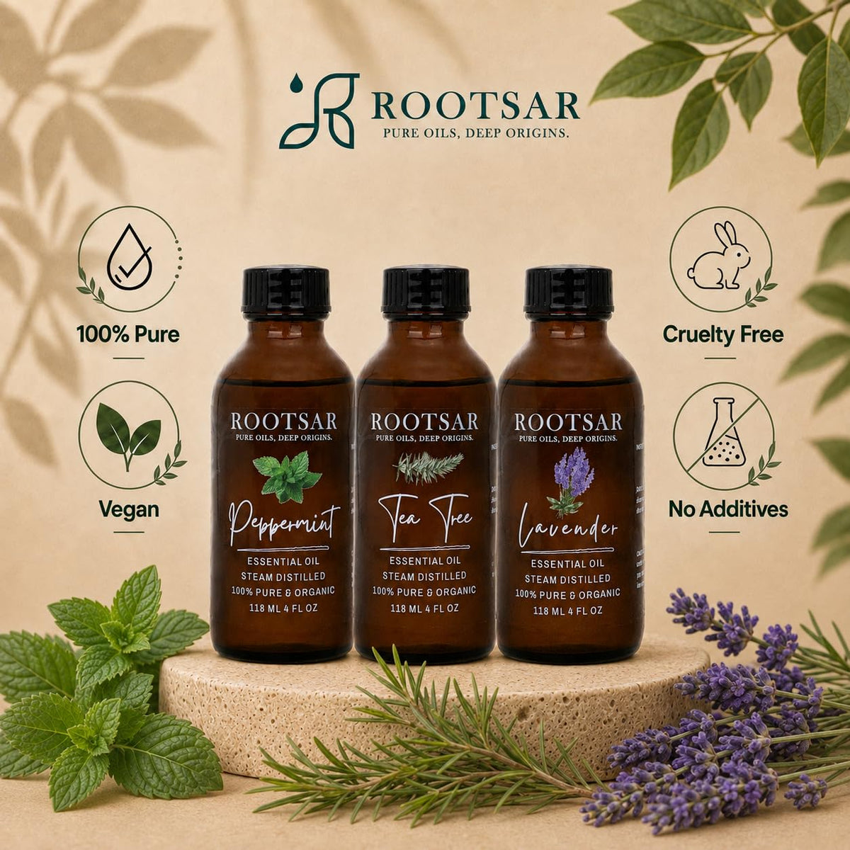 3 Pack Lavender Peppermint Tea Tree Essential Oils 4 Fl Oz W903