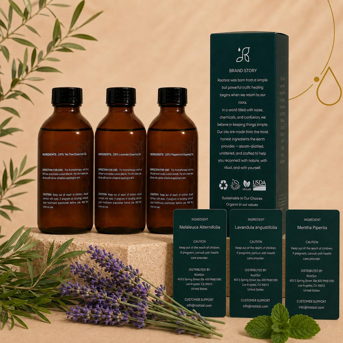 3 Pack Lavender Peppermint Tea Tree Essential Oils 4 Fl Oz W903