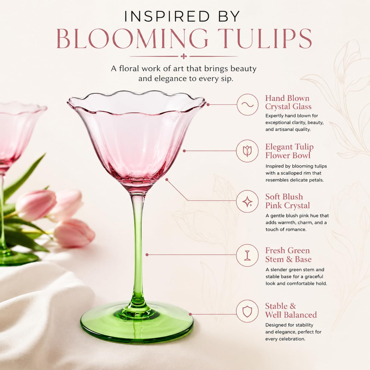 Pink Tulip Flower Cocktail Glasses 2 Set N55824