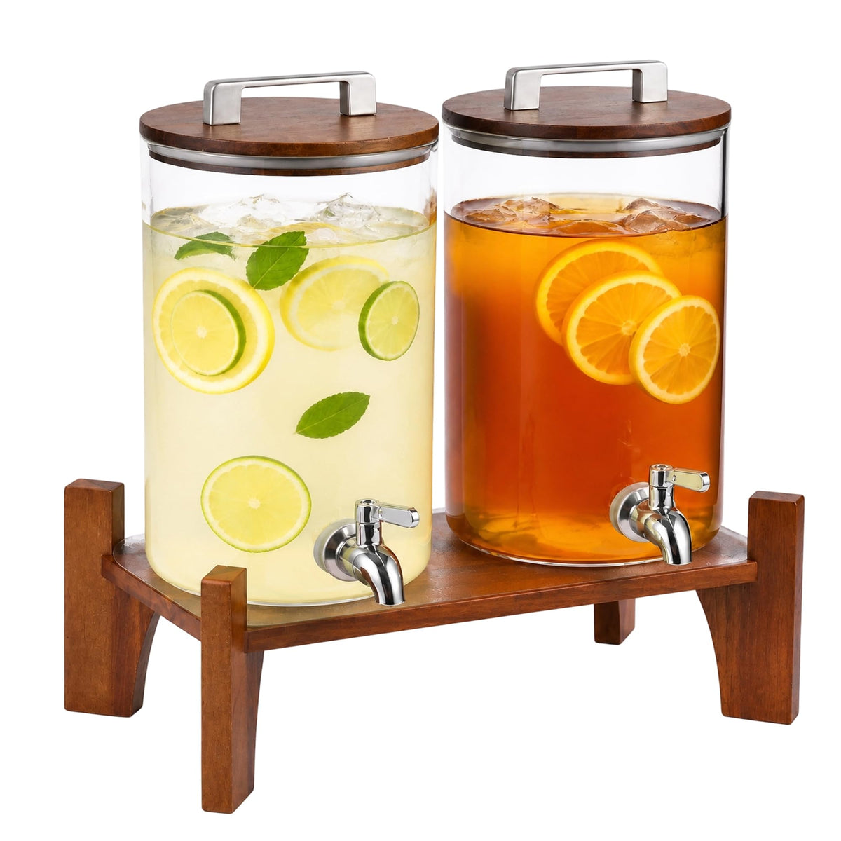2 Pack 1 Gallon Glass Drink Dispensers with Acacia Wood Stand Y363