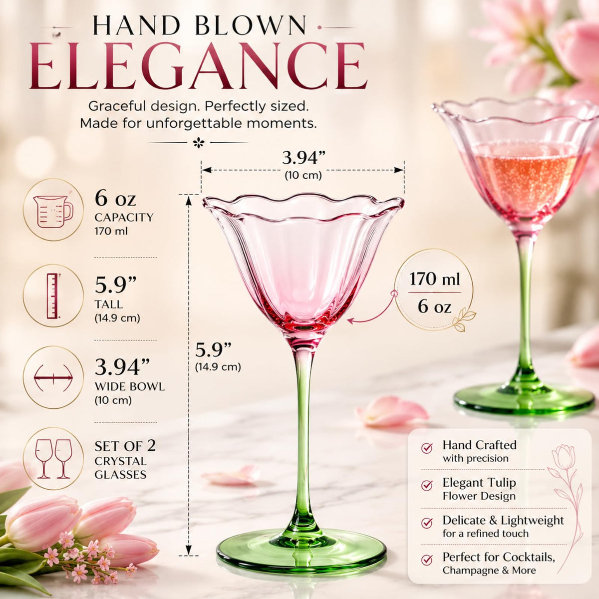 Pink Tulip Flower Cocktail Glasses 2 Set N55824