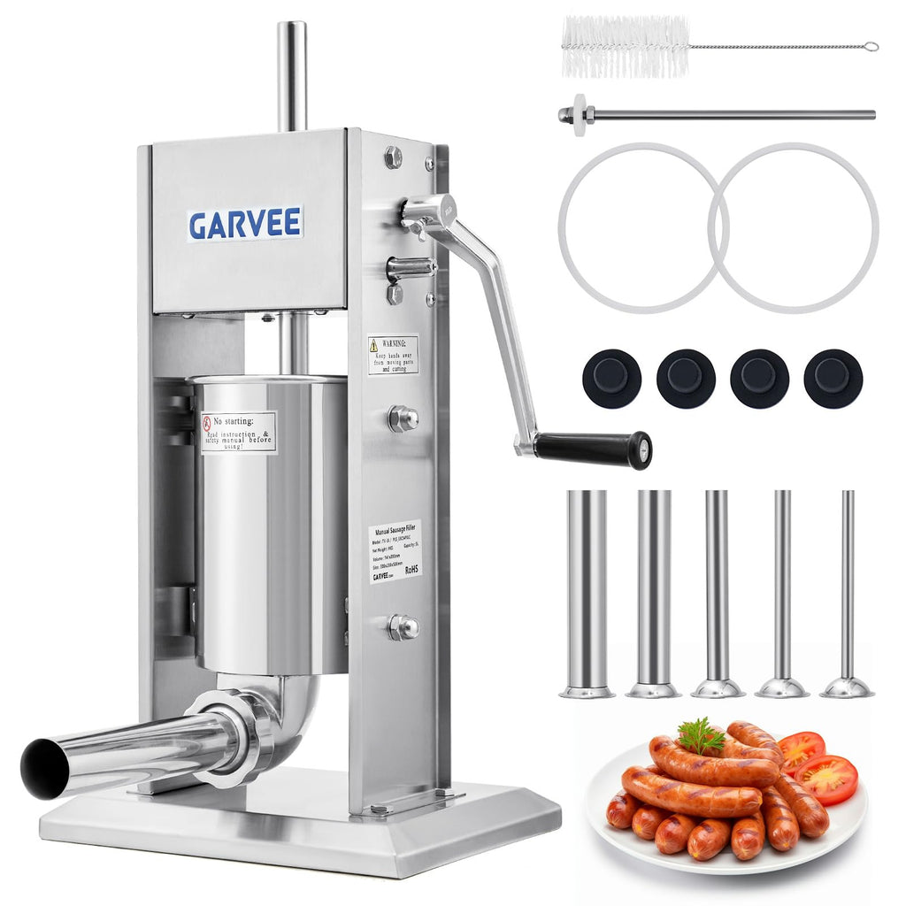 7LBS/3L 304 Stainless Steel Manual Sausage Stuffer with 5 Filling Tubes Y494077