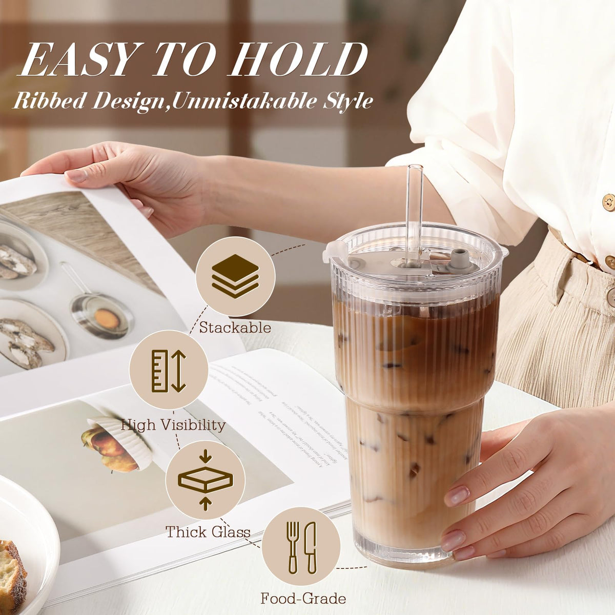 20oz Ribbed Iced Coffee Cups with Lids, 4 Pcs Glass Tumblers R58496