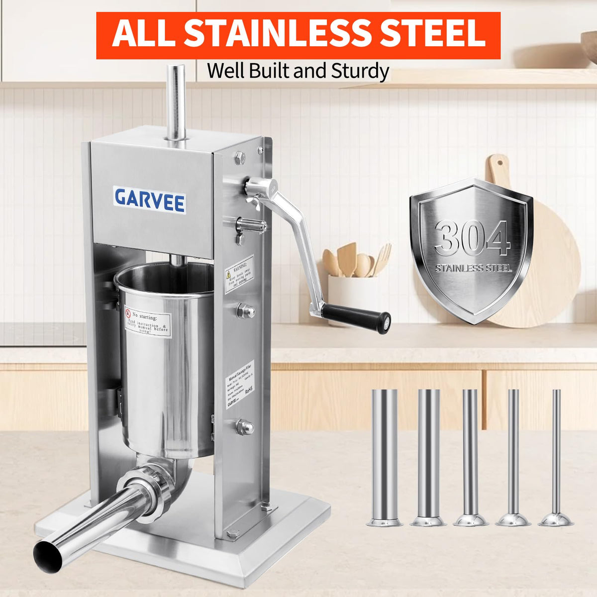 7LBS/3L 304 Stainless Steel Manual Sausage Stuffer with 5 Filling Tubes Y494077