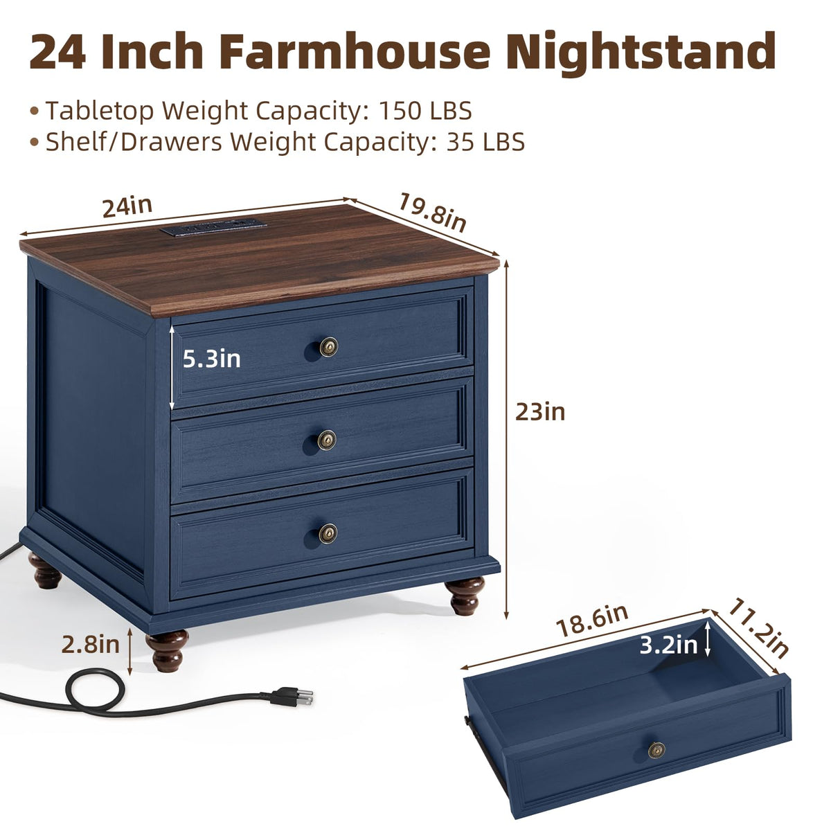 Blue Wood Nightstand Set of 2 with Charging Station W933
