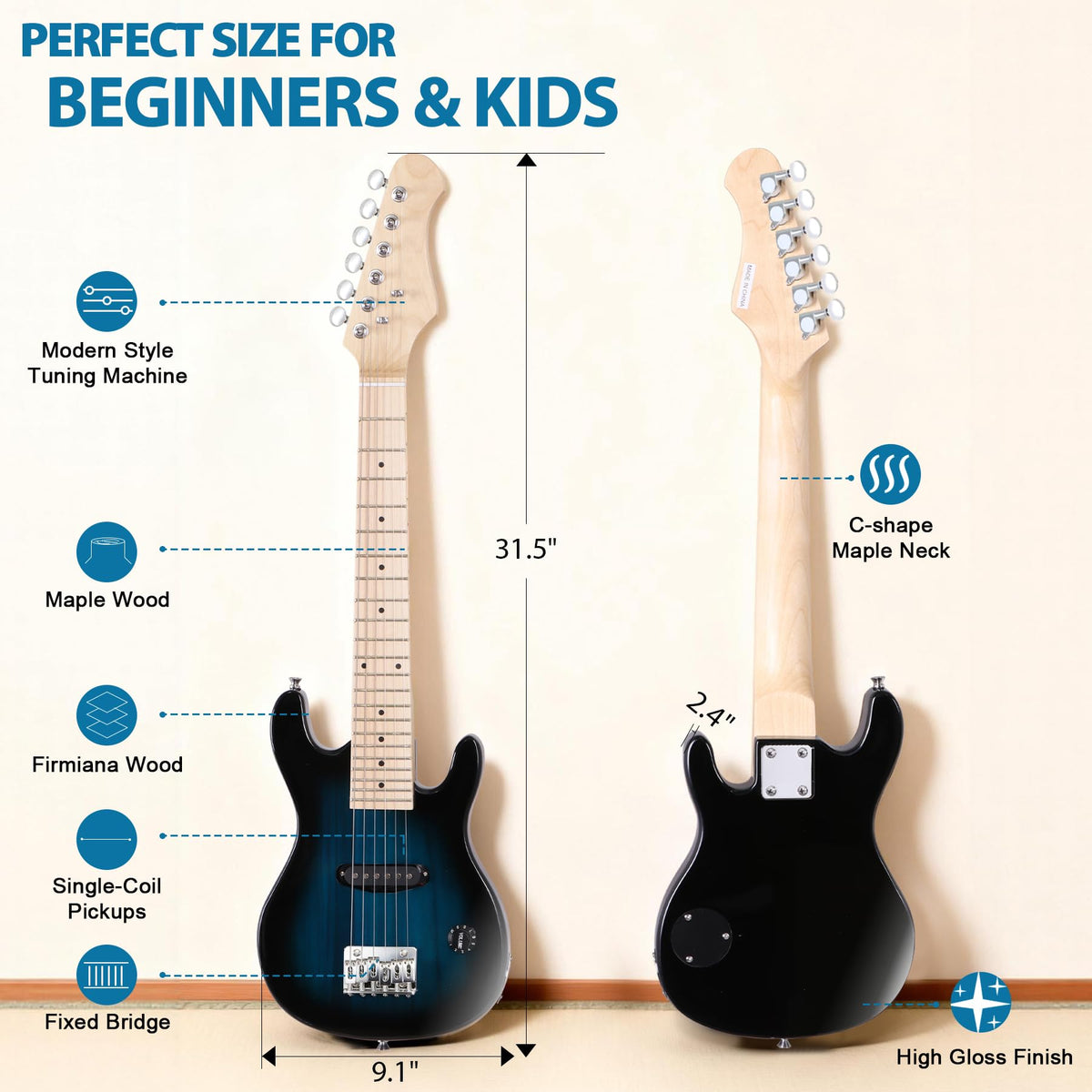 30" Blue Electric Guitar Beginner Kit with Amp and Bag H8946