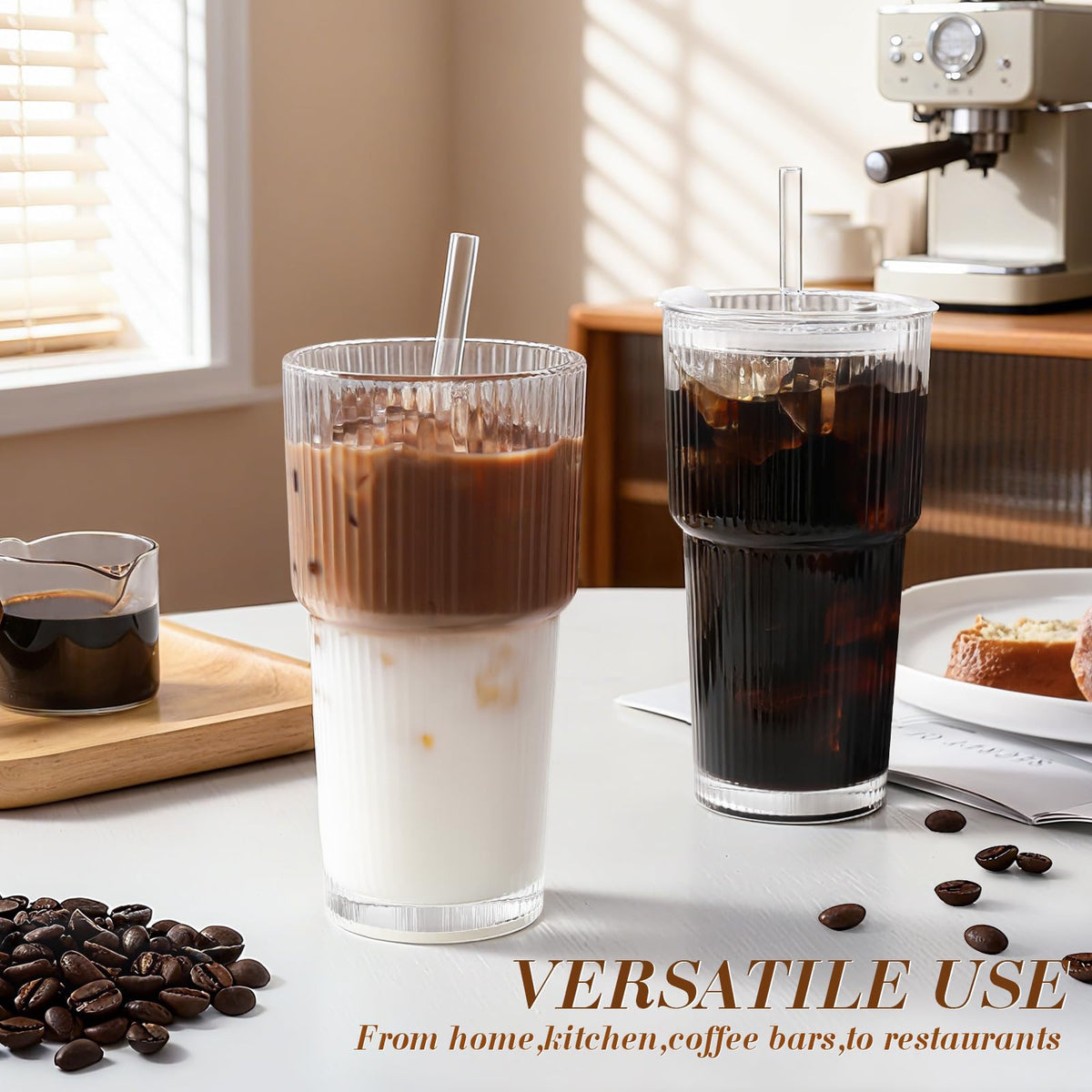 20oz Ribbed Iced Coffee Cups with Lids, 4 Pcs Glass Tumblers R58496