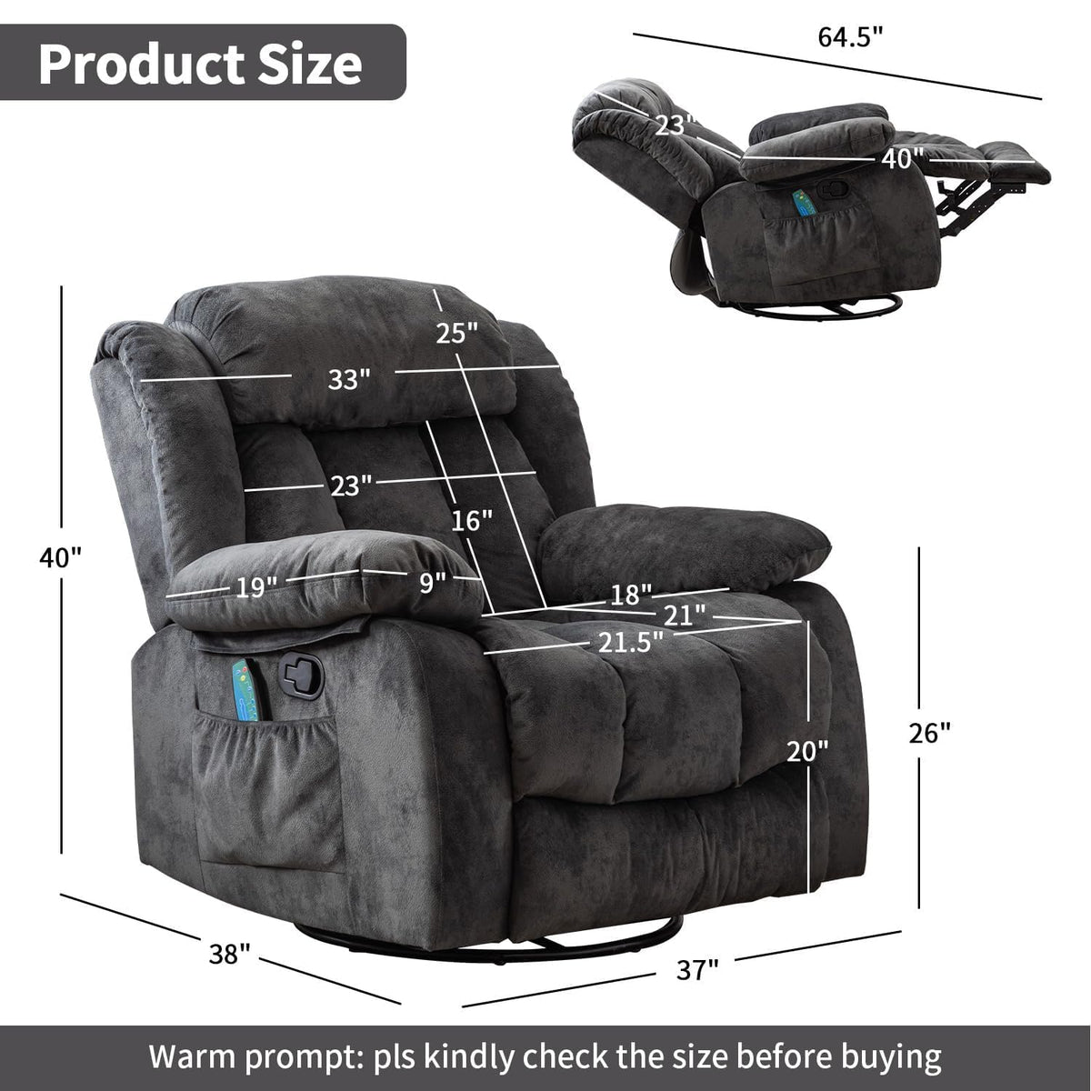 Grey Manual Swivel Rocker Recliner with Heat and Vibration Z330664