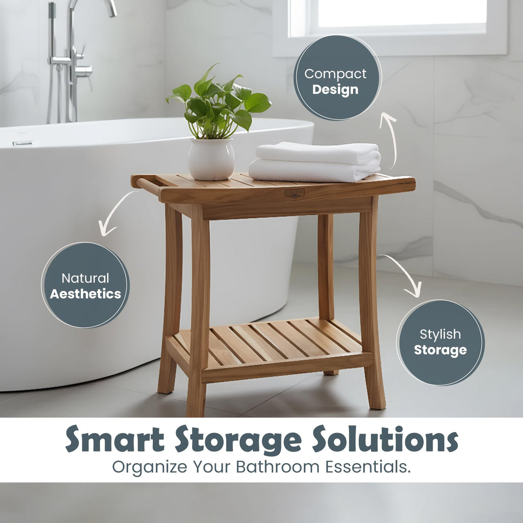 22-Inch Teak Shower Bench with Storage Shelf Y8375
