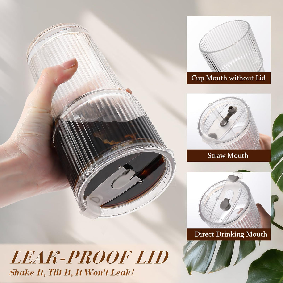 20oz Ribbed Iced Coffee Cups with Lids, 4 Pcs Glass Tumblers R58496