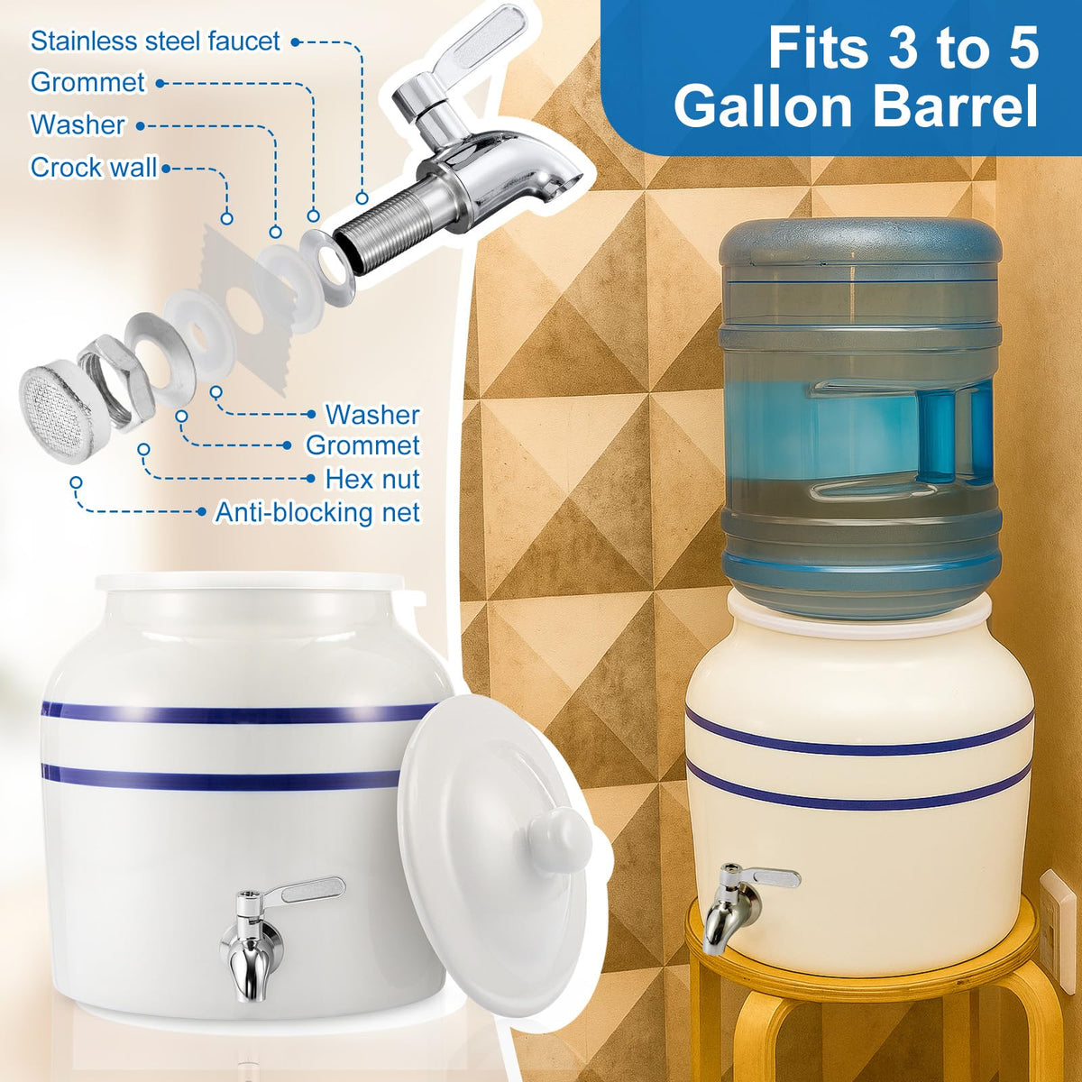 Ceramic Water Dispenser with 304 Stainless Steel Faucet and Lid E599