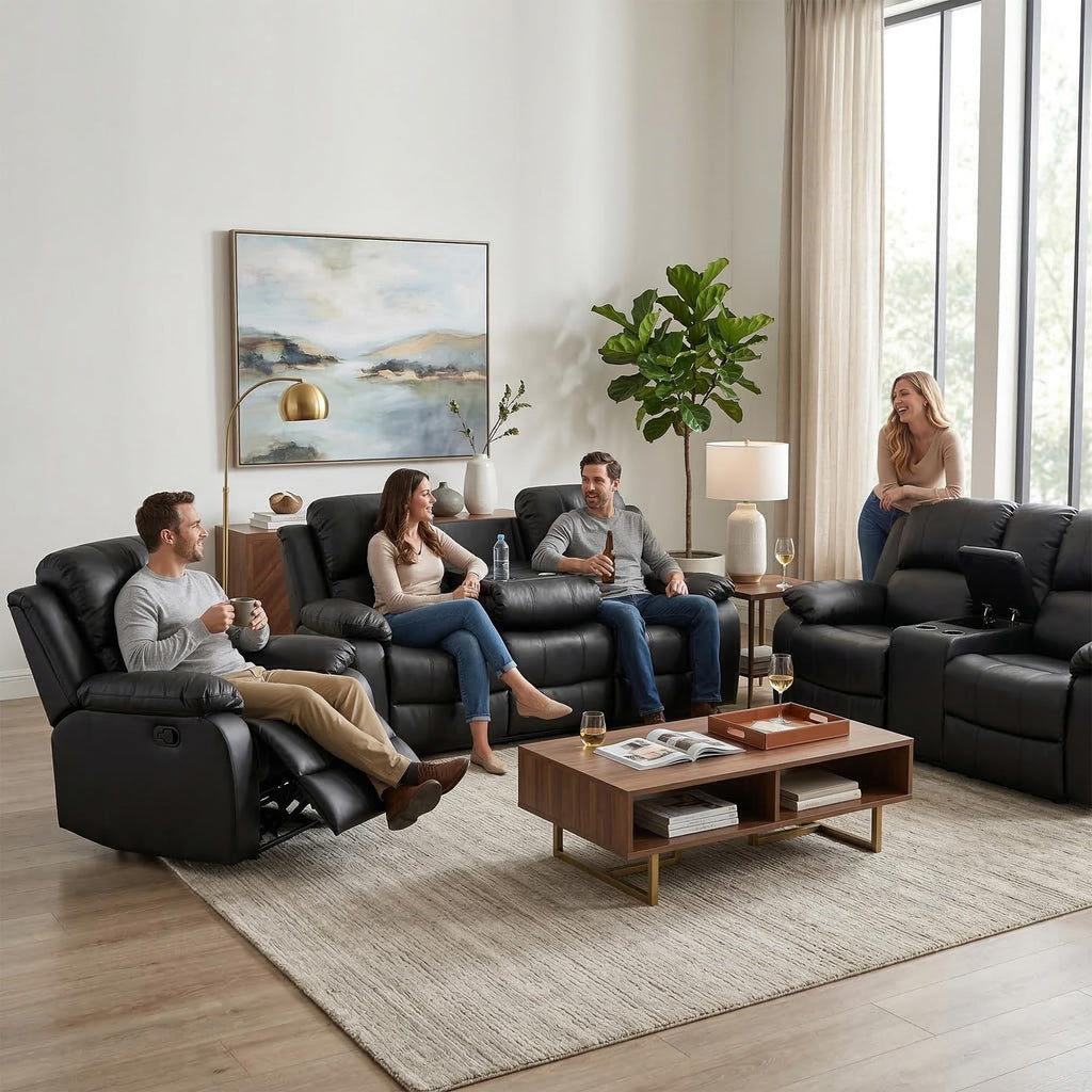 Black 3 Piece Leather Recliner Sofa Set with Cup Holders Z524