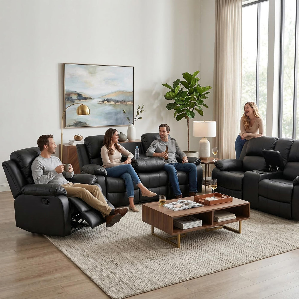 Black 3 Piece Leather Recliner Sofa Set with Cup Holders Z524