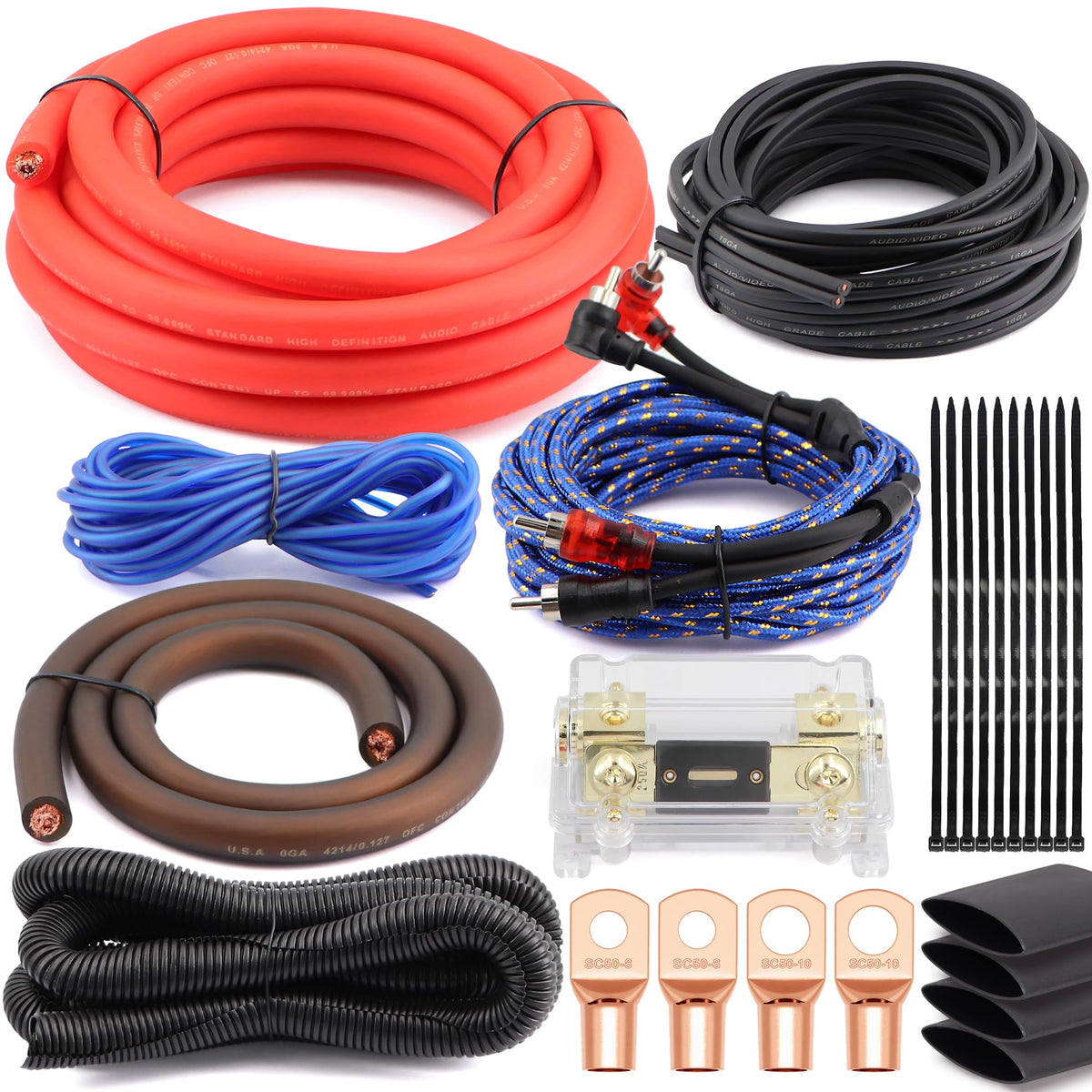 0 Gauge Pure OFC Amplifier Wiring Kit with Fuse Holder & RCA O62723