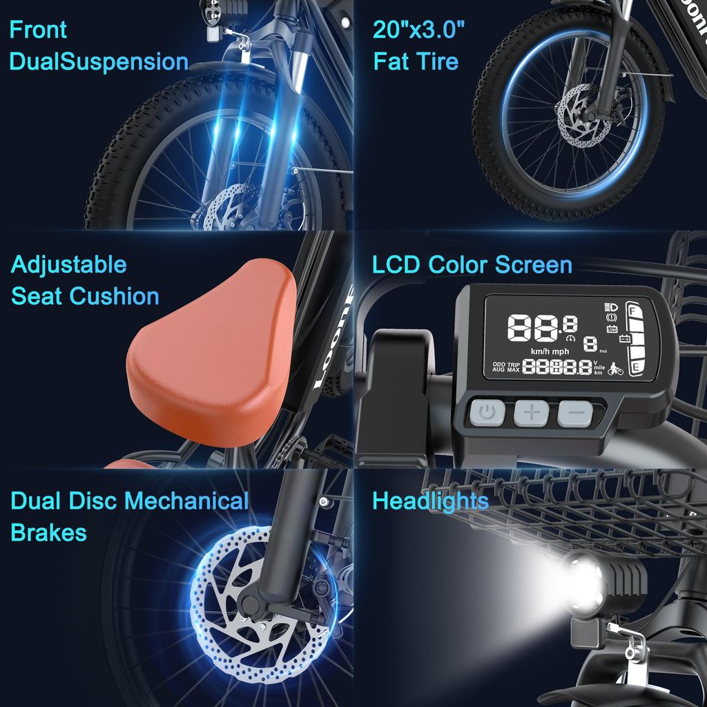 Peak 1000W 48V 13Ah Electric Bike with Rear Seat & Front Basket P1348