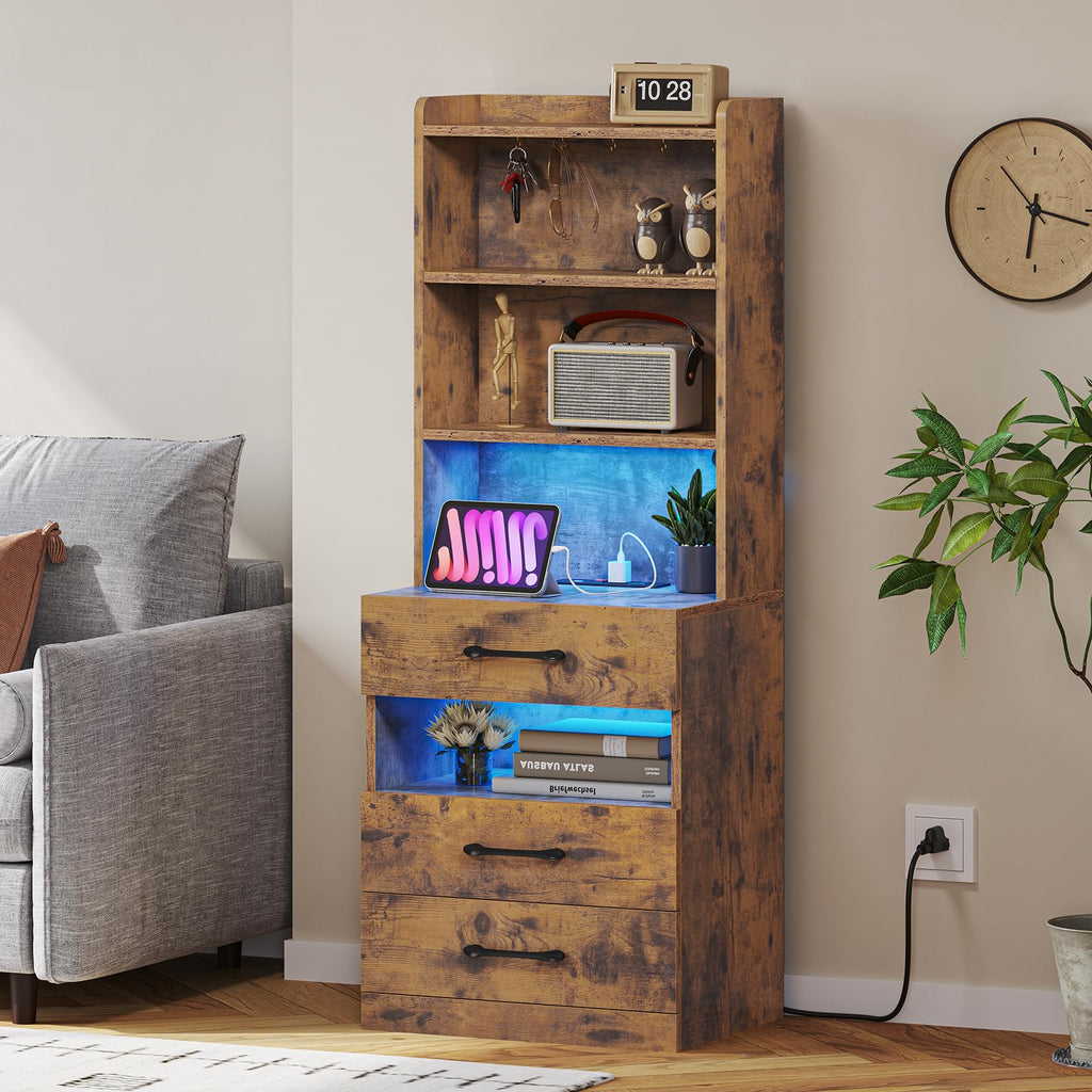 Rustic Brown Nightstand with Charging Station and LED Lights X62510
