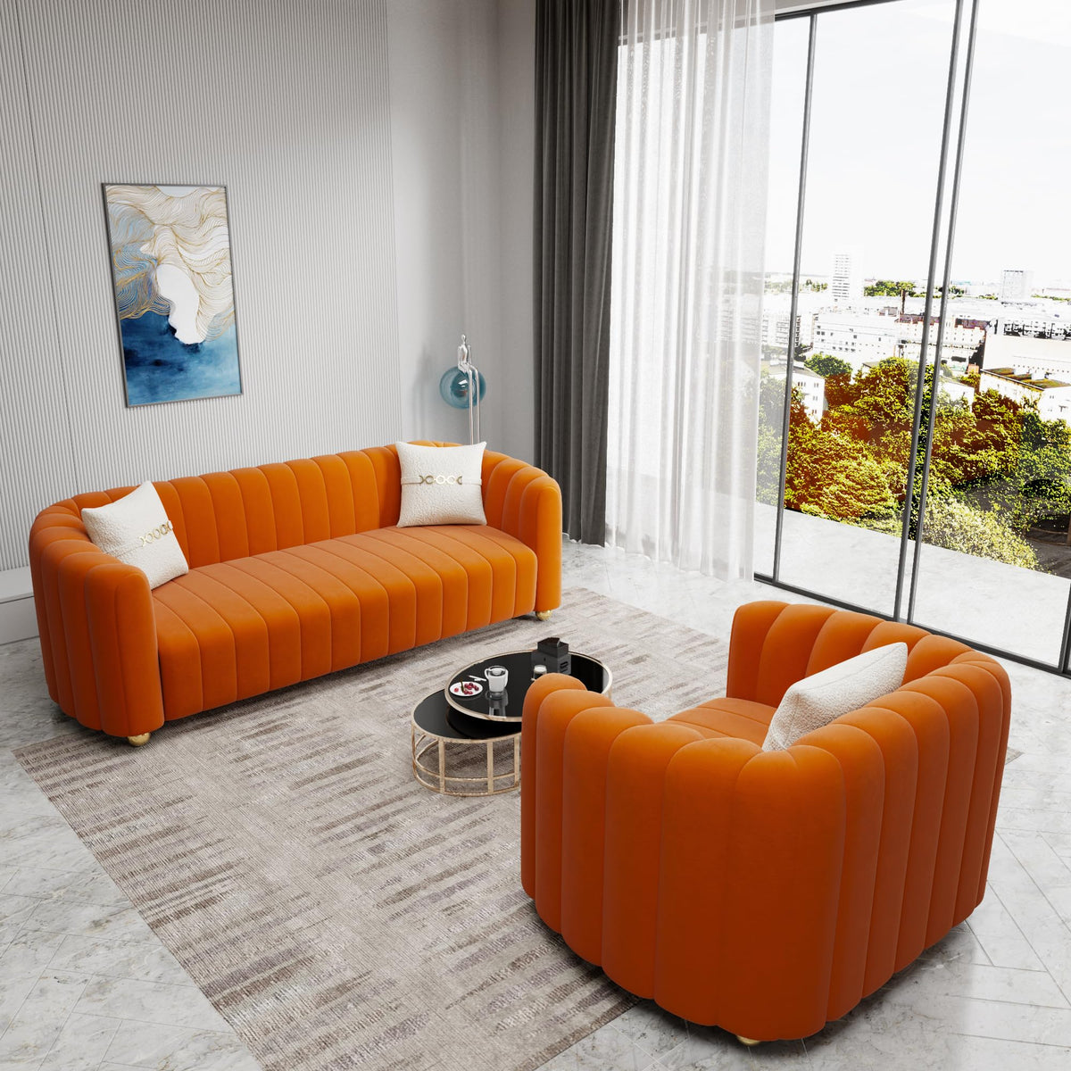 Orange Velvet 2-Piece Sofa J3316