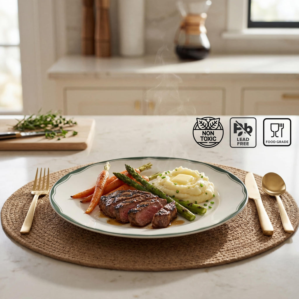 12-Piece Porcelain Dinnerware Set for 4, White & Sage Green Plates and Bowls Set C940015