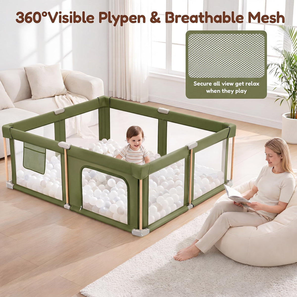 Foldable Baby Playpen with Mat, Breathable Mesh Green 71"×59" C405575